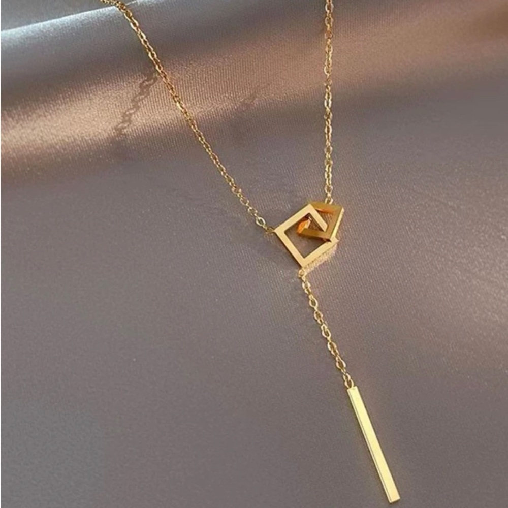 Gold Plated Stainless Steel Geometric Square Bar Lariat Necklace